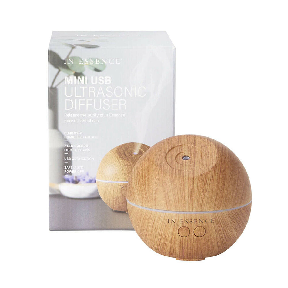 In Essence Woodgrain USB Mini Ultrasonic Diffuser Cool Mist +Free Essential Oil