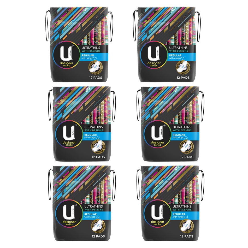 6 x U By Kotex Ultrathins Cotton Pads Regular With Wings 12 Pads