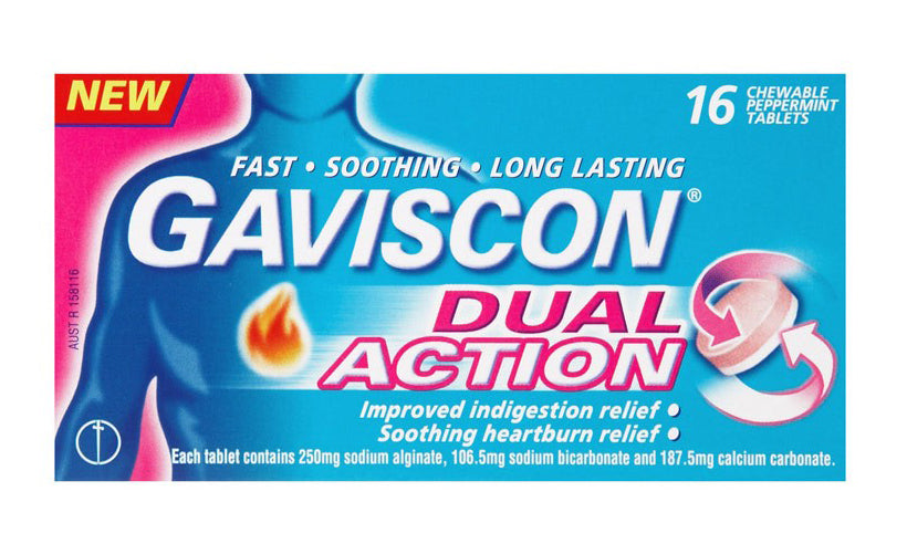Gaviscon Dual Action Chewable Tablets Peppermint Heartburn & Indigestion Relief 16 Pack
