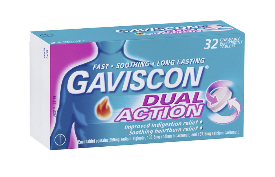 Gaviscon Dual Action Chewable Tablets Peppermint Heartburn & Indigestion Relief 32 Pack