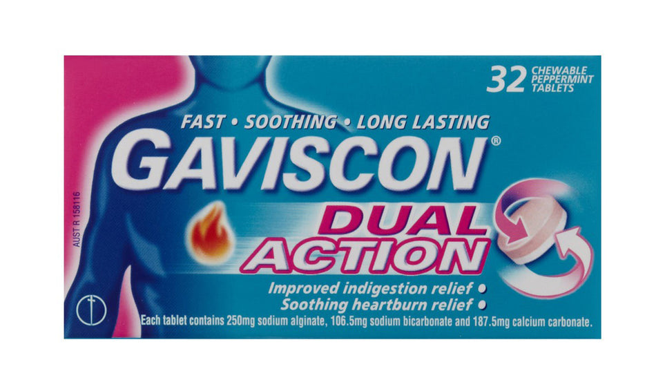 Gaviscon Dual Action Chewable Tablets Peppermint Heartburn & Indigestion Relief 32 Pack