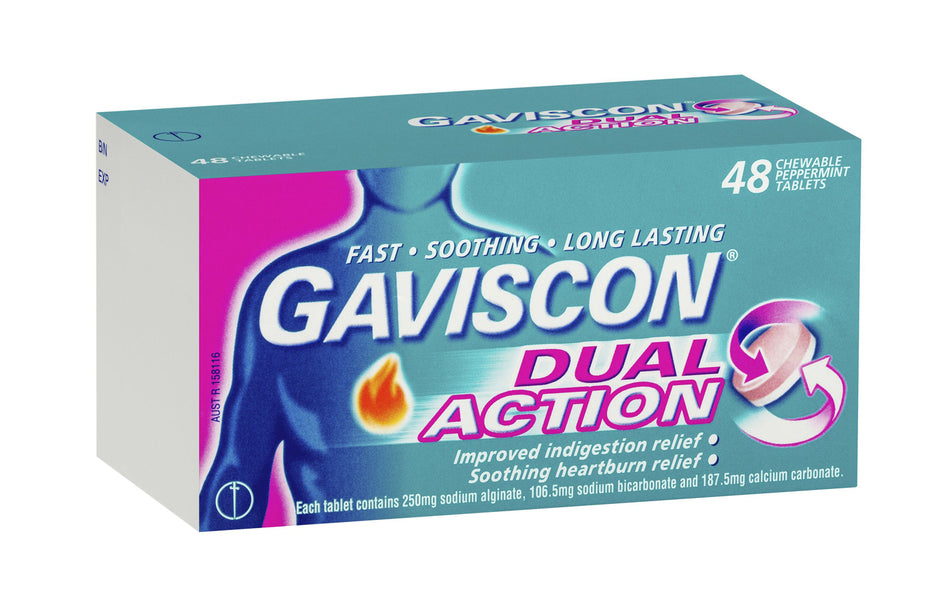 Gaviscon Dual Action Chewable Tablets Peppermint Heartburn & Indigestion Relief 48 Pack