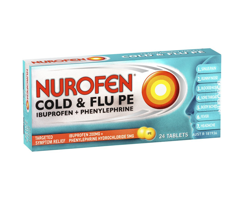 Nurofen Cold & Flu Multi-Symptom PE Relief 24 Tablets