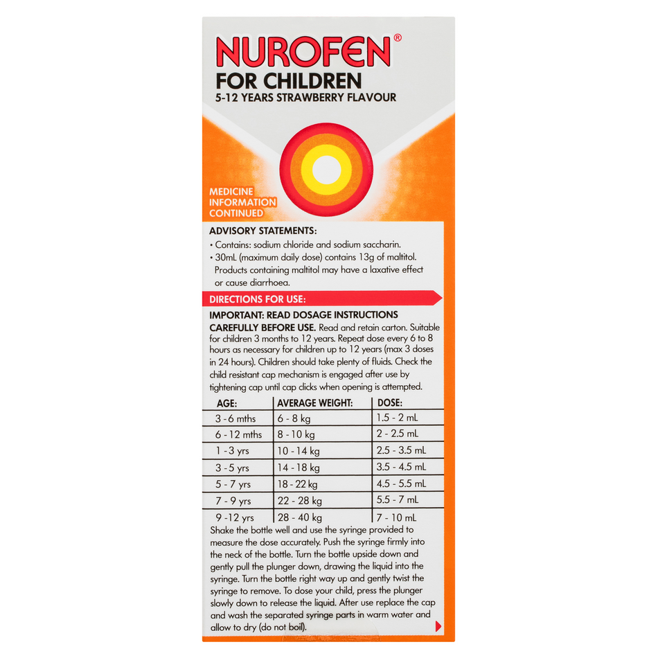 Nurofen Children 5 to 12 Years Strawberry Flavour - Pain & Fever Relief 100ml