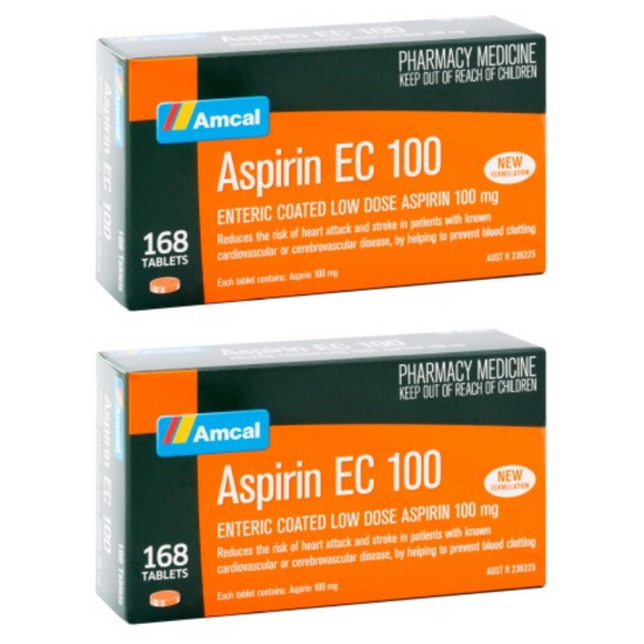 2x Amcal Aspirin EC 100 168 Tablets