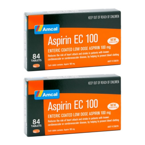 2x Amcal Aspirin EC 100 84 Tablets
