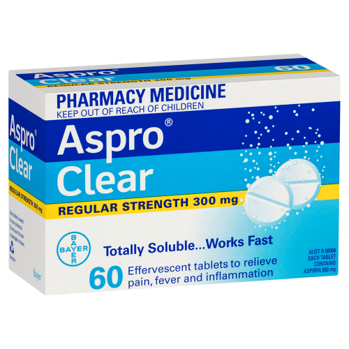 Aspro Clear Regular Strength Aspirin Soluble Effervescent 60 Tablets