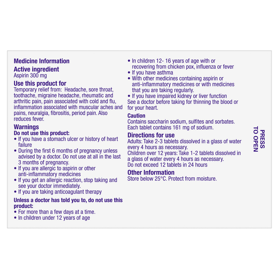 Aspro Clear Regular Strength Aspirin Soluble Effervescent 24 Tablets