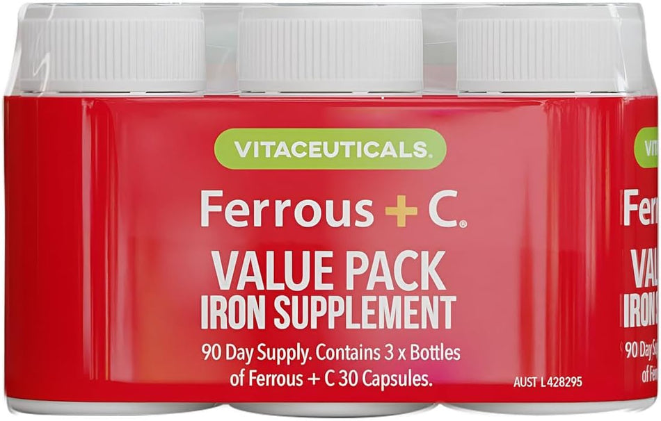 Vitaceuticals Ferrous Gluconate + Vitamin C Iron Supplement Value Pack 3x30 Veg Capsules