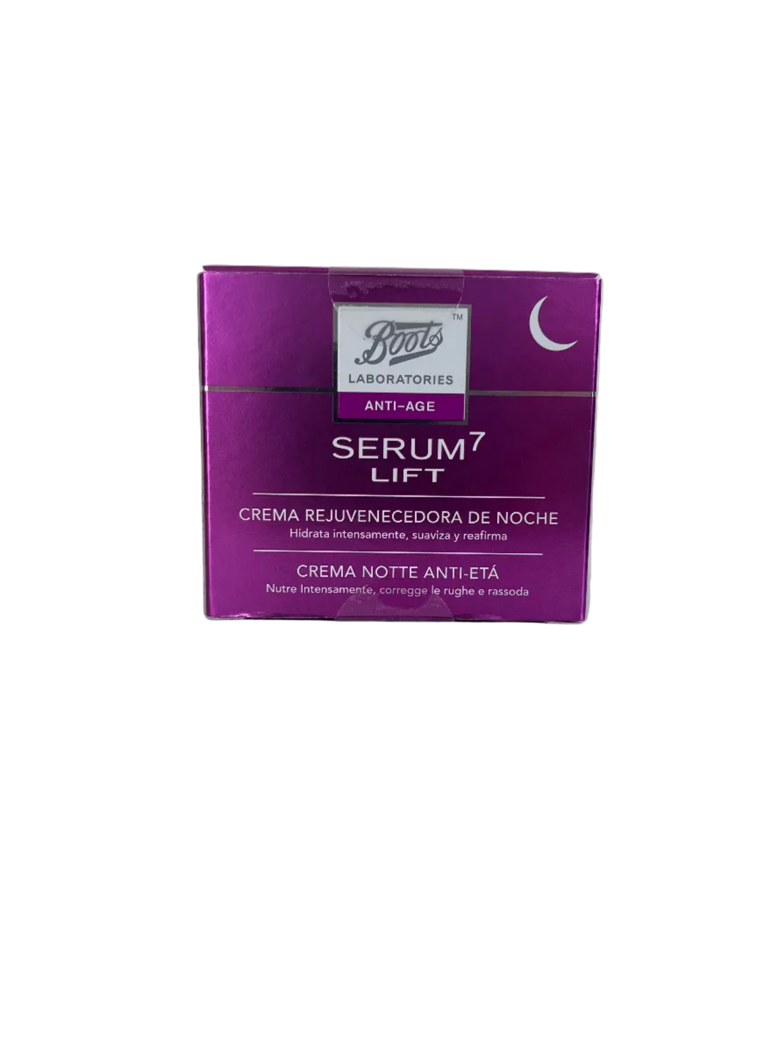 Purple cosmetic box with text on a white background