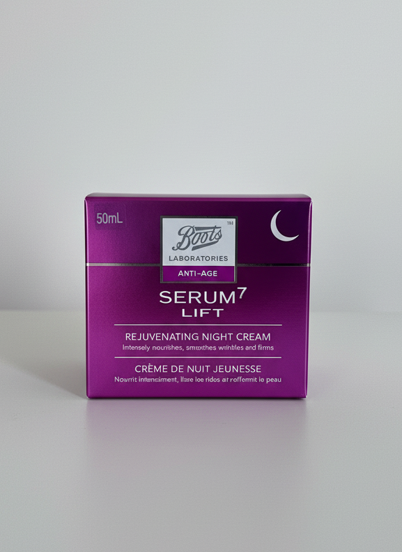 Purple box of Serum 7 Lift night cream on a white background