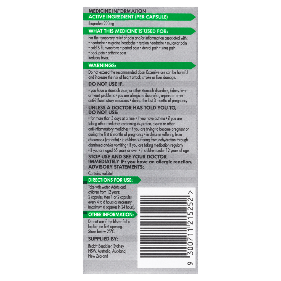Nurofen Zavance Fast Pain Relief Liquid 200mg 20 Capsules