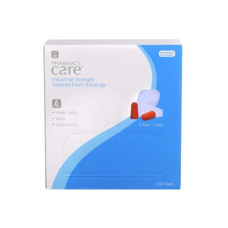 Pharmacy Care Ear Plugs Tapered Foam Industrial Strength 1 Pair + Case - 100 Pack