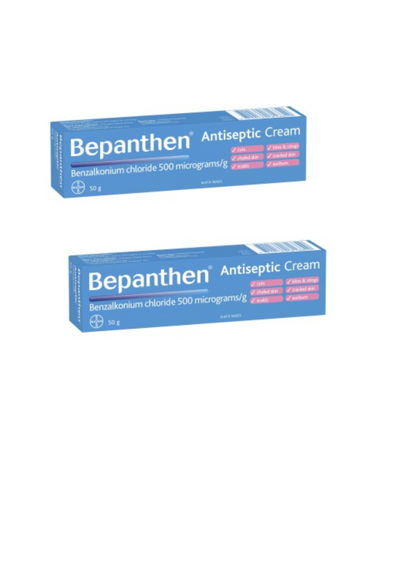 2 x  Bepanthen Antiseptic Soothing Cream 50g for Cuts, Bites & Stings,Chafed Skin