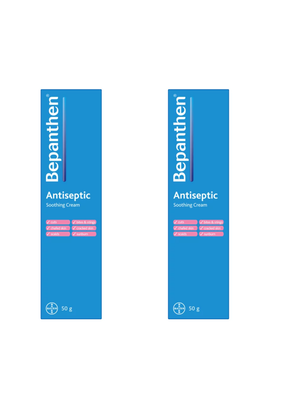 2 x  Bepanthen Antiseptic Soothing Cream 50g for Cuts, Bites & Stings,Chafed Skin