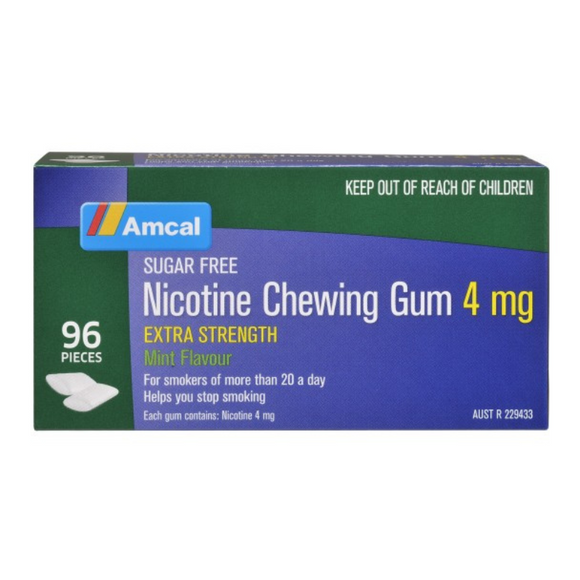 Amcal Nicotine Gum Extra Strength Sugar Free 4mg Mint 96 pieces