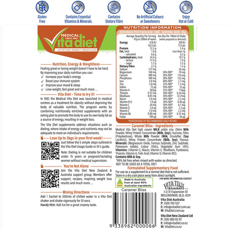 VITA DIET Caramel Shake - back of packet / nutrition panel