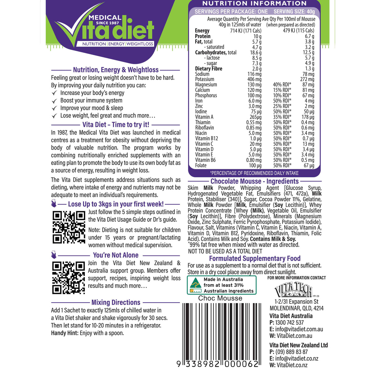 VITA DIET Chocolate Mousse - back of packet / nutrition panel