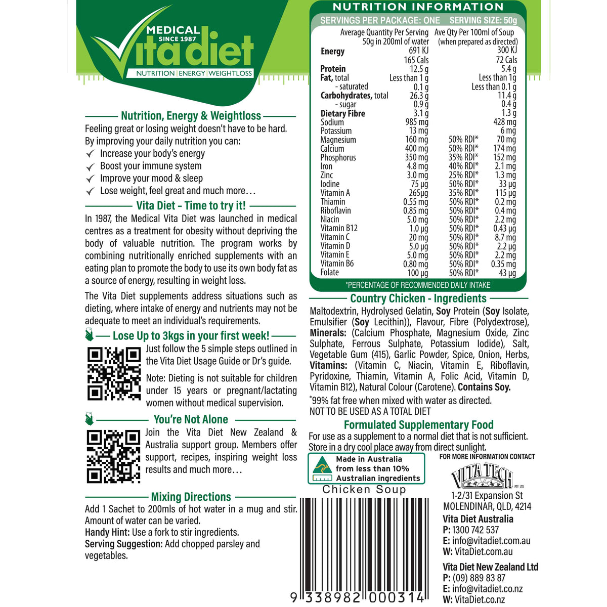 VITA DIET Chicken Soup - back of packet / nutrition panel