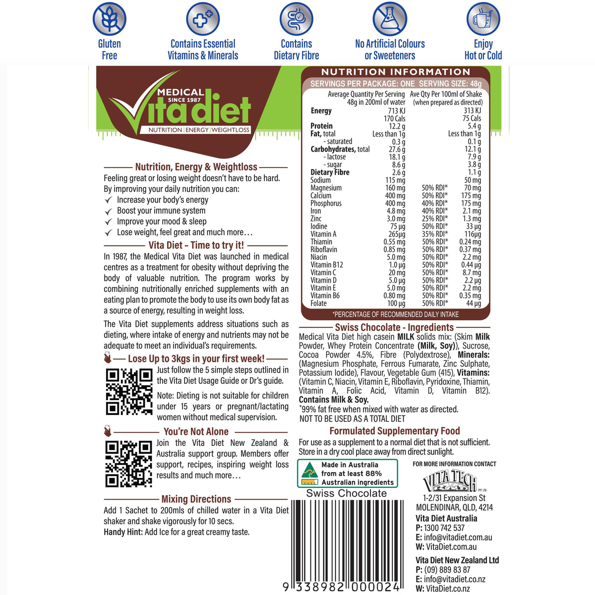 VITA DIET Swiss Chocolate Shake - back of packet / nutrition panel