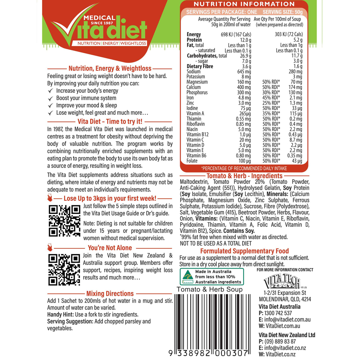 VITA DIET Mediterranean Tomato Soup - back of packet / nutrition panel