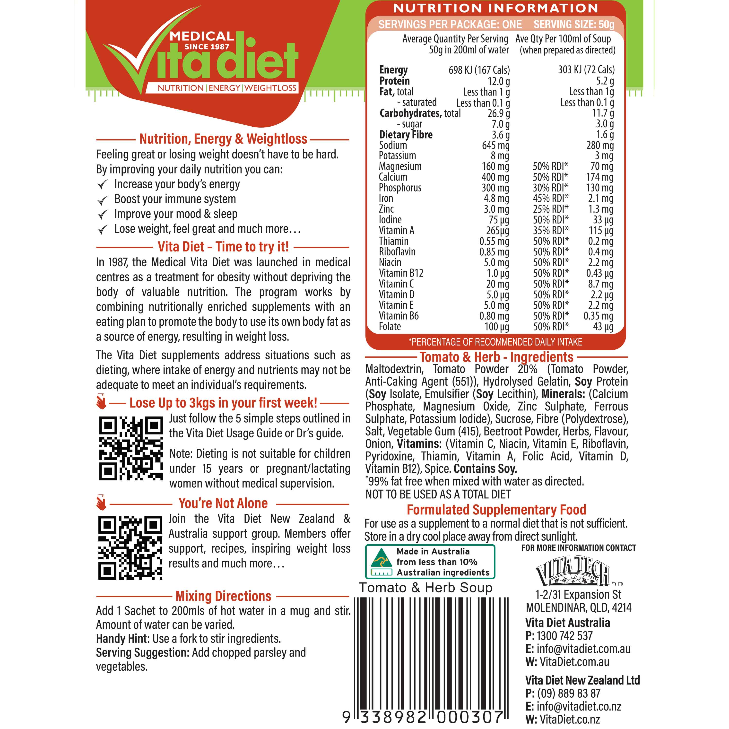 VITA DIET Mediterranean Tomato Soup - back of packet / nutrition panel