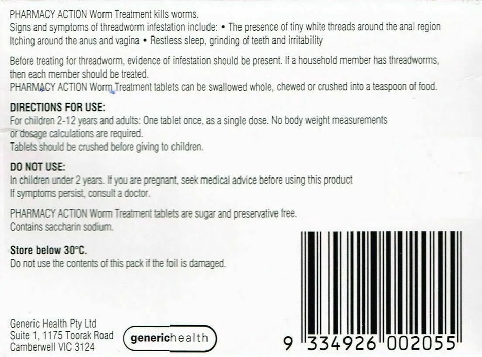 Pharmacy Action Worm Treatment Tablets 6 Packs