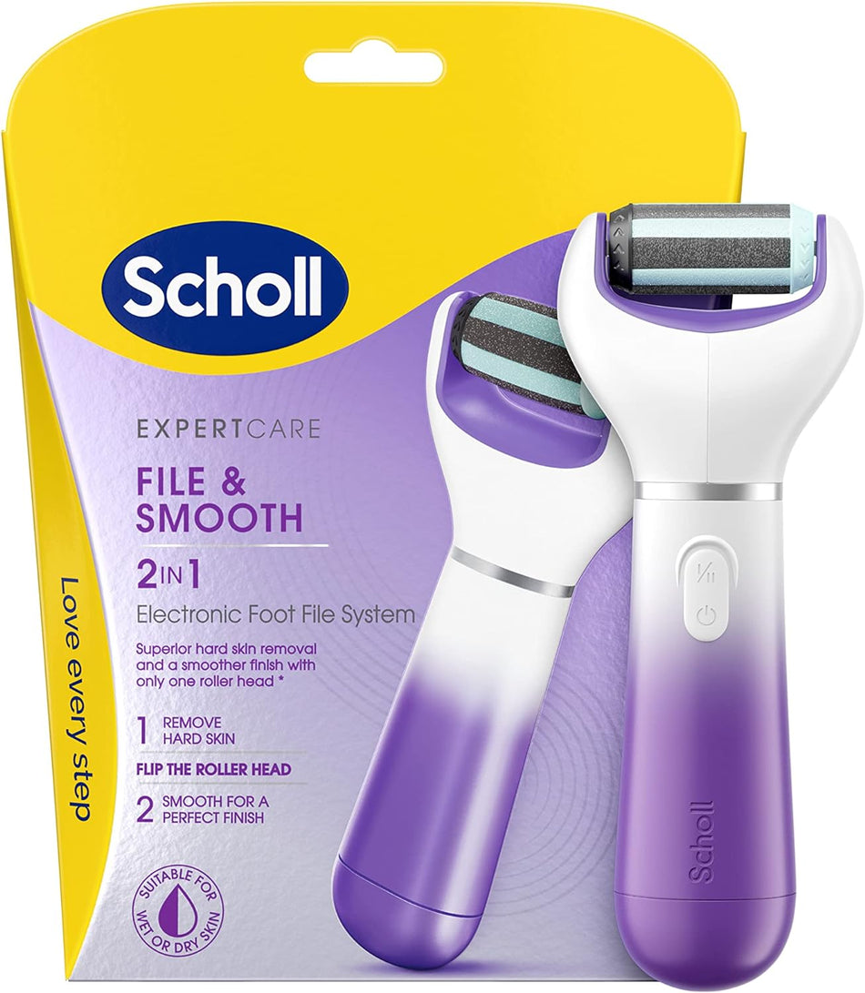 Scholl ExpertCare File and Smooth 2-in-1 Electronic Foot File System and 2 Roller Heads Value Pack