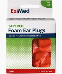 EZIMED Tapered Foam Ear Plugs 10 Pair + Case