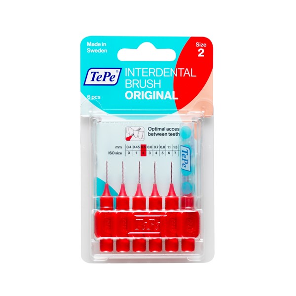 2 x TePe Interdental Brushes 0.5mm Red Size 2 Original - ISO 6 Packs