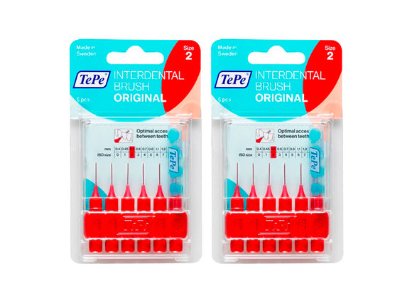 2 x TePe Interdental Brushes 0.5mm Red Size 2 Original - ISO 6 Packs