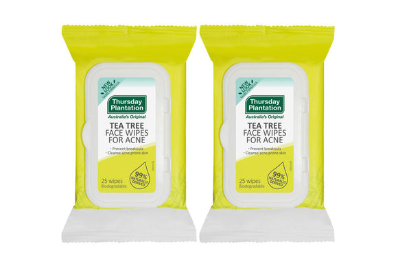 2 x Thursday Plantation Tea Tree Face Wipes For Acne 25 Pack