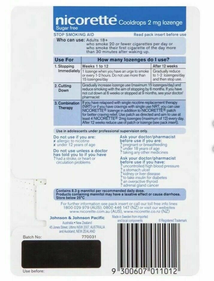 Nicorette Cooldrops Lozenges Regular Strength Icy Mint 20 Pieces 2mg