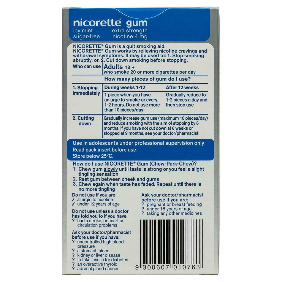 Nicorette Nicotine Gum Icy Mint Extra Strength 4 x 25 Pack 100 gums