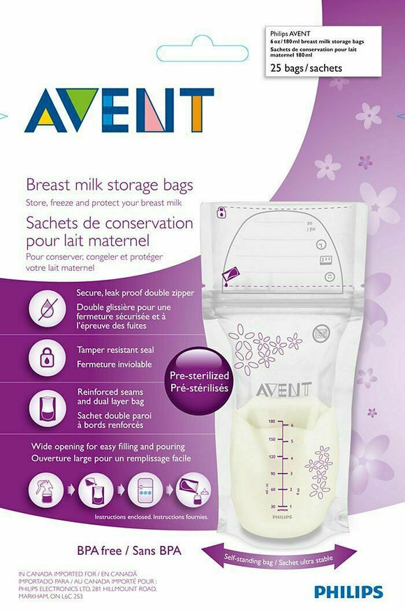 Avent Breast Milk Storage Bags - 180ml - 25 Pack Freezer Safe Pre-Sterilized