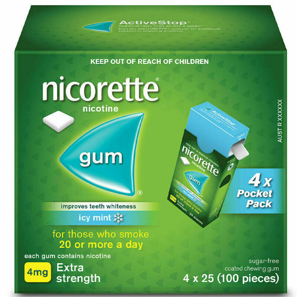 Nicorette Nicotine Gum Icy Mint Extra Strength 4 x 25 Pack 100 gums