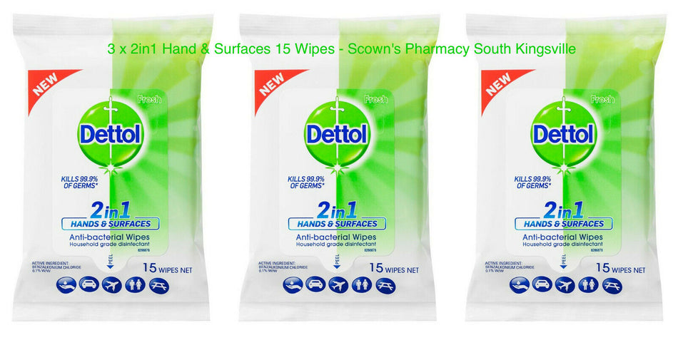 3  x Dettol 2 in 1 Anti-Bacterial 15 Wipes Disinfectant 99.9% Sanatiser
