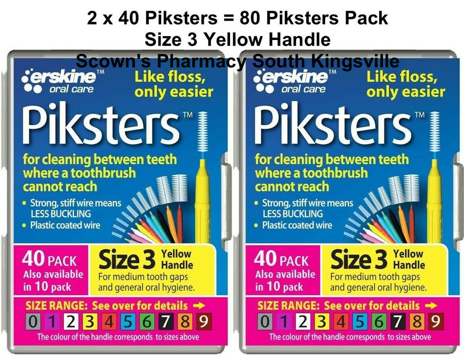 2 x 40 Pack = 80 Piksters Size 3 Interdental YELLOW Handle Brush Like Floss