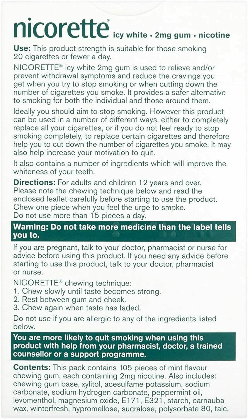 Nicorette Gum White Ice Mint 2mg Nicotine Regular Strength 100 Gums