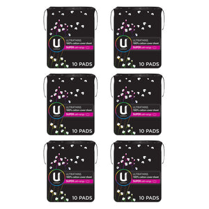 6 x U By Kotex Ultrathins Cotton Pads Super With Wings 10 Pads