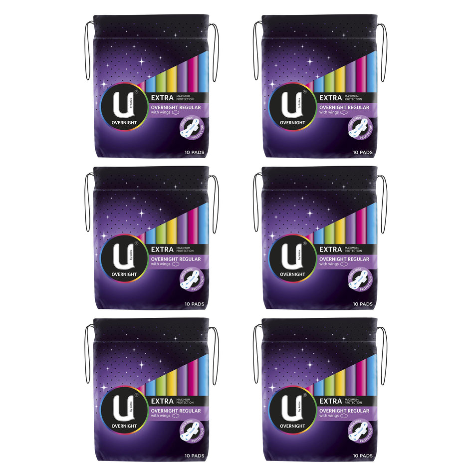 6 x U By Kotex Extra Max Protection Overnight Regular Pads With Wings 10 Packs