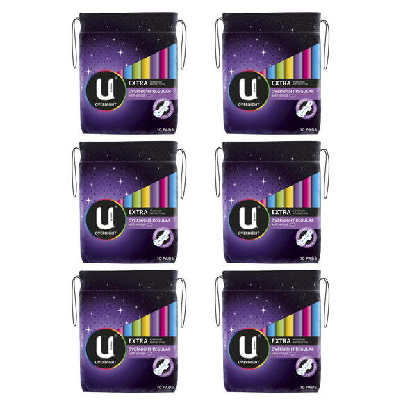 6 x U By Kotex Extra Max Protection Overnight Regular Pads With Wings 10 Packs