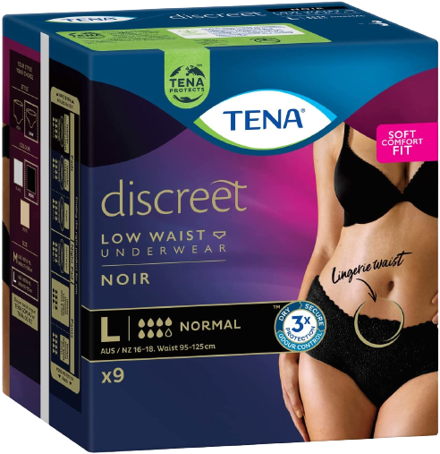 3 x TENA Discreet Noir Incontinence Underwear Black Low Waist Large 9 Pack = 27 Pants