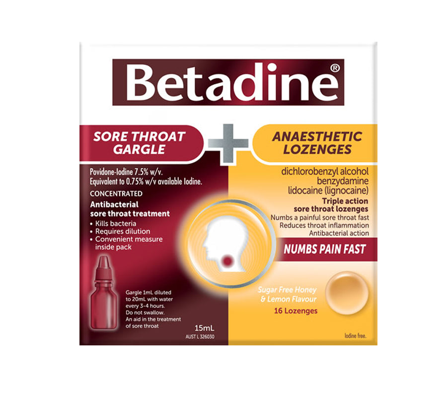 Betadine Sore Throat Gargle + Anaesthetic Lozenges Kit (15ml+16 Pack)