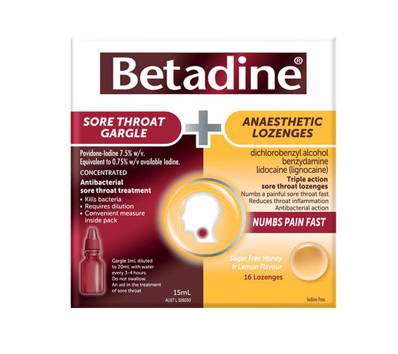 Betadine Sore Throat Gargle + Anaesthetic Lozenges Kit (15ml+16 Pack)