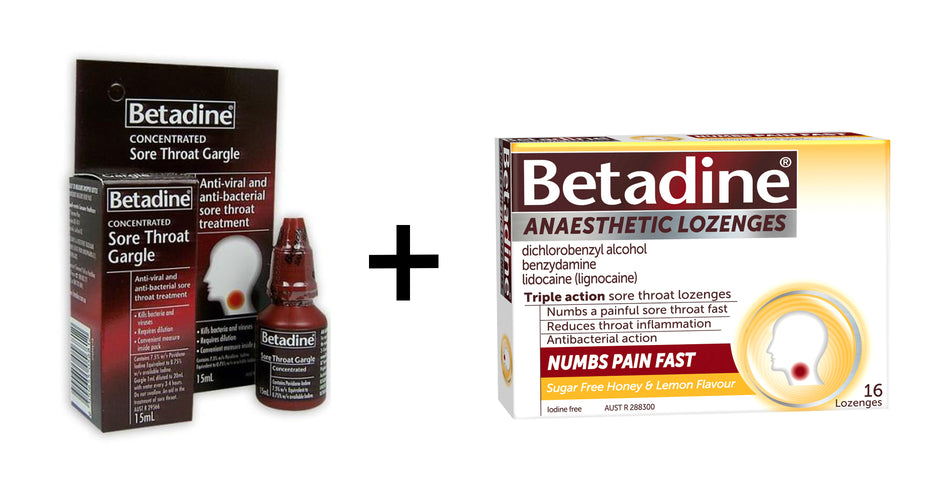 Betadine Sore Throat Gargle + Anaesthetic Lozenges Kit (15ml+16 Pack)