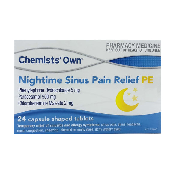 Chemists Own Nightime Sinus Pain Relief PE Capsules 24 Tablets