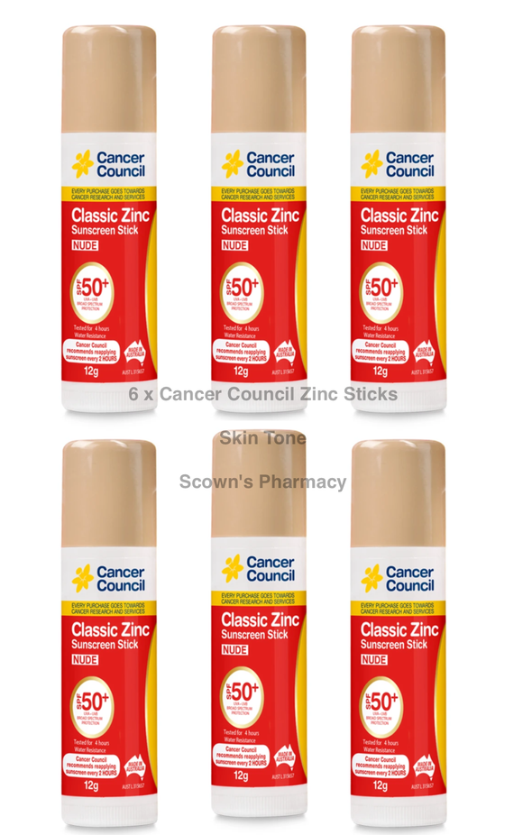 Cancer Council Classic Zinc Sunscreen Stick Skin Tone SPF50+ 12g Carton 6