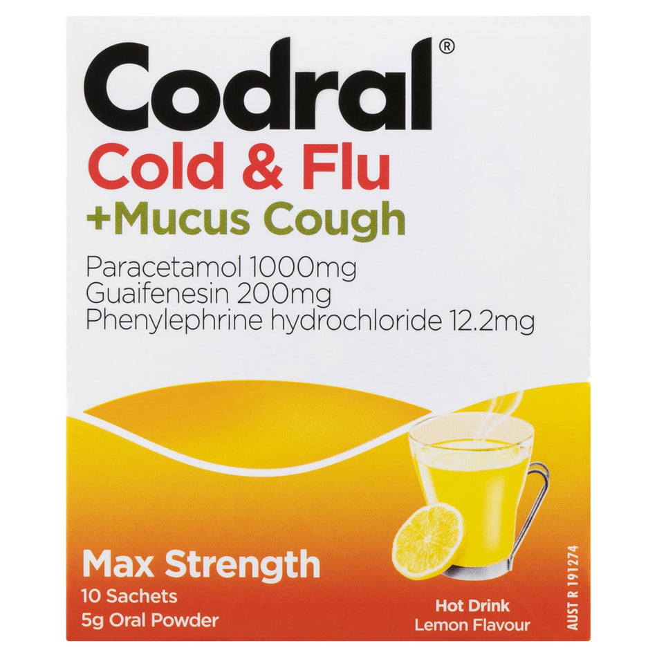 Codral Cold & Flu +Mucus Cough Max Strength Hot Drink Lemon 10 Sachets