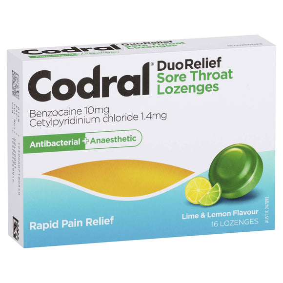 Codral DuoRelief Sore Throat Lozenges Lime & Lemon 16 Lozenges